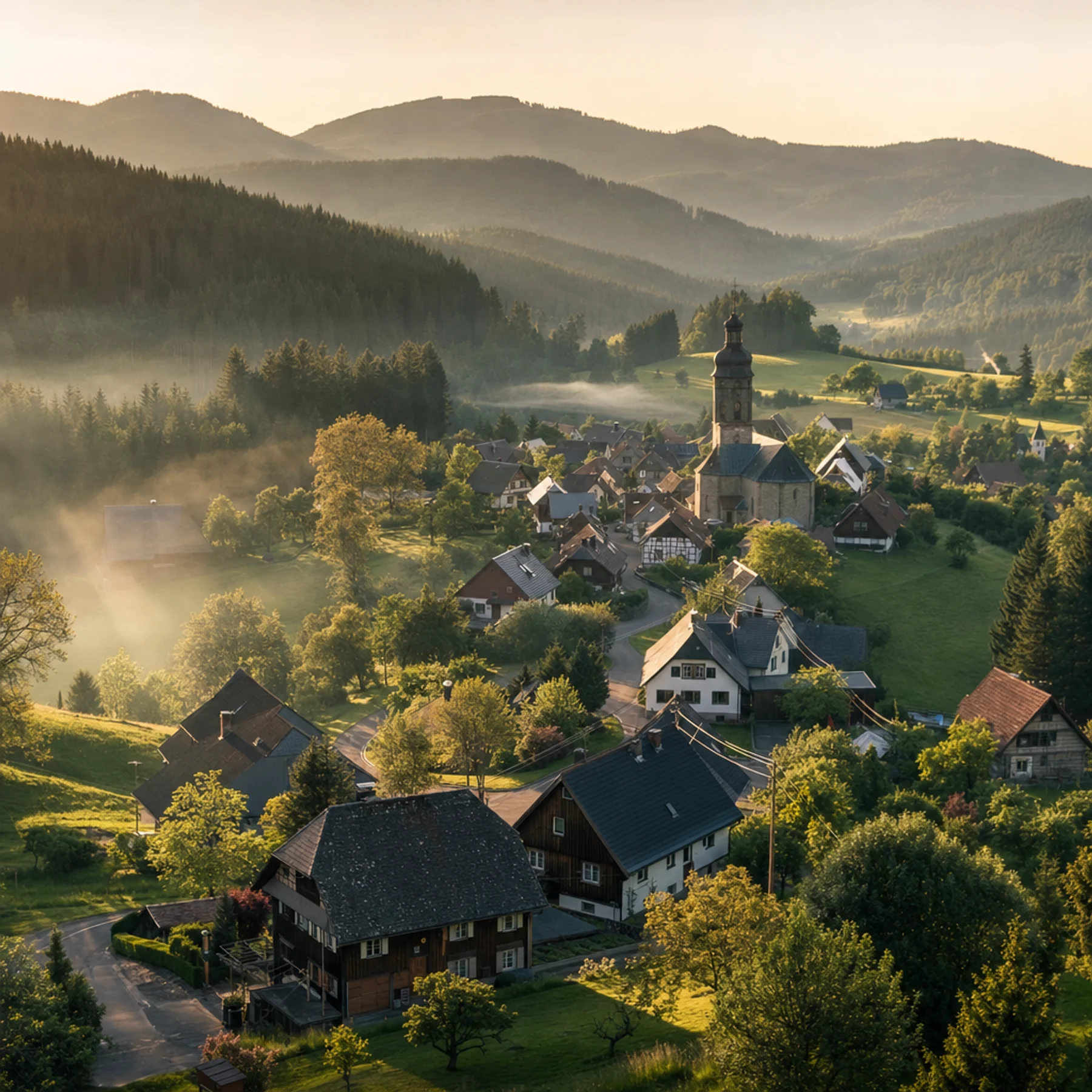 Dorf im Südschwarzwald, eingebettet in Wälder und Felder